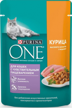 Purina ONE для кошек с чувствительным пищеварением Курица Морковь 75г.*6шт. Пурина ВАН