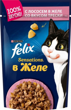 Felix Sensations корм для кошек кусочки в желе лосось/треска пакетик 85гр./6шт. Феликс