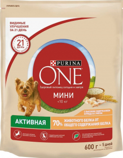 Purina ONE МИНИ Активная собака сухой корм курица/рис 600 гр./4шт. Пурина ВАН