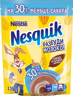 Nesquik Какао быстрорастворимый Плюс OPTI-START меньше сахара пакет 135гр. Несквик